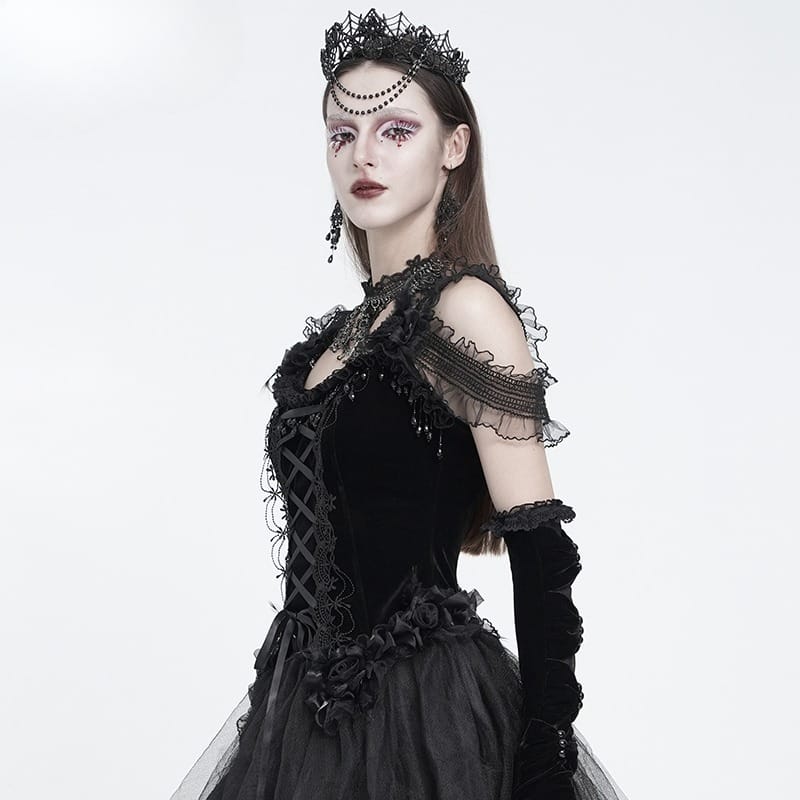 EVA LADY Women's Gothic Rose Beaded Tassel Lace Mesh Trim Lace‑up Overbust Corset Black