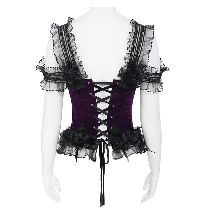 EVA LADY Women's Gothic Rose Beaded Tassel Lace Mesh Trim Lace‑up Overbust Corset Black-Purple