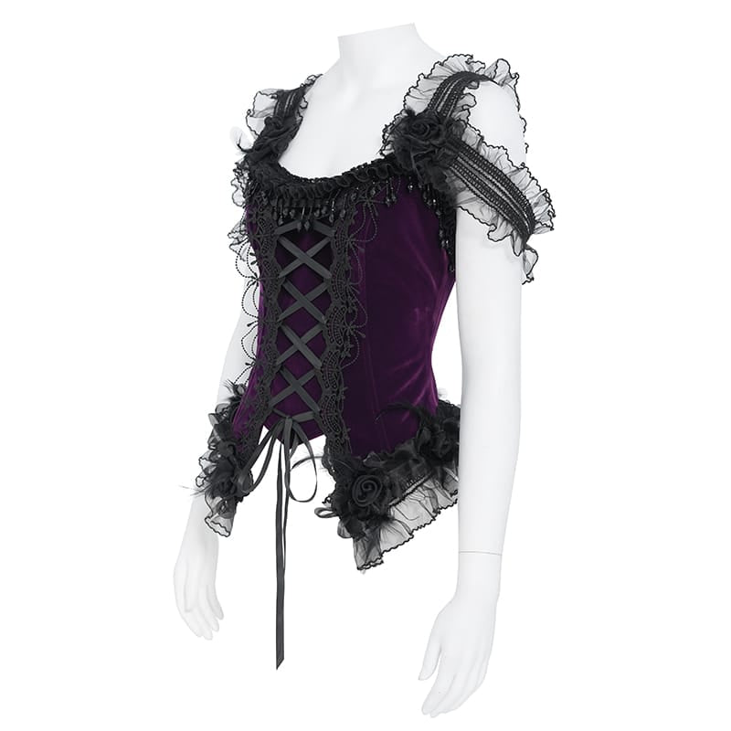 EVA LADY Women's Gothic Rose Beaded Tassel Lace Mesh Trim Lace‑up Overbust Corset Black-Purple
