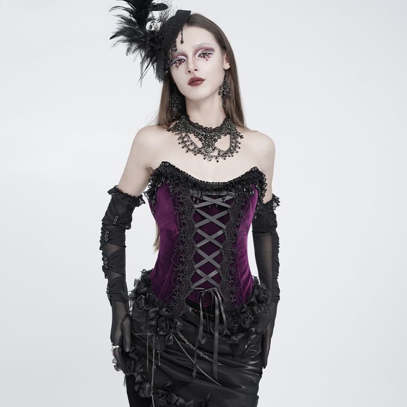 EVA LADY Women's Gothic Rose Beaded Tassel Lace Mesh Trim Lace‑up Overbust Corset Black-Purple