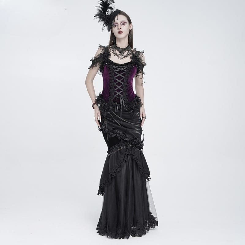 EVA LADY Women's Gothic Rose Beaded Tassel Lace Mesh Trim Lace‑up Overbust Corset Black-Purple