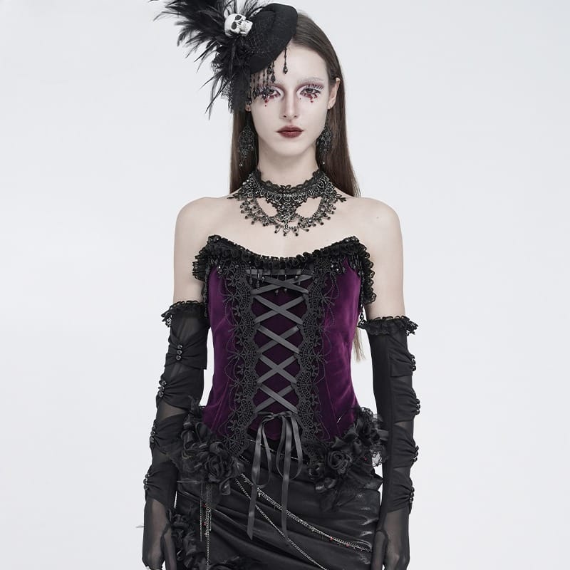 EVA LADY Women's Gothic Rose Beaded Tassel Lace Mesh Trim Lace‑up Overbust Corset Black-Purple