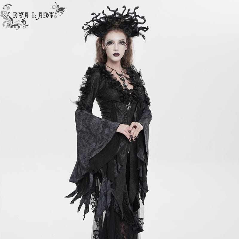 EVA LADY Women's Gothic Rose Feather Printed Long Sleeve Shirt