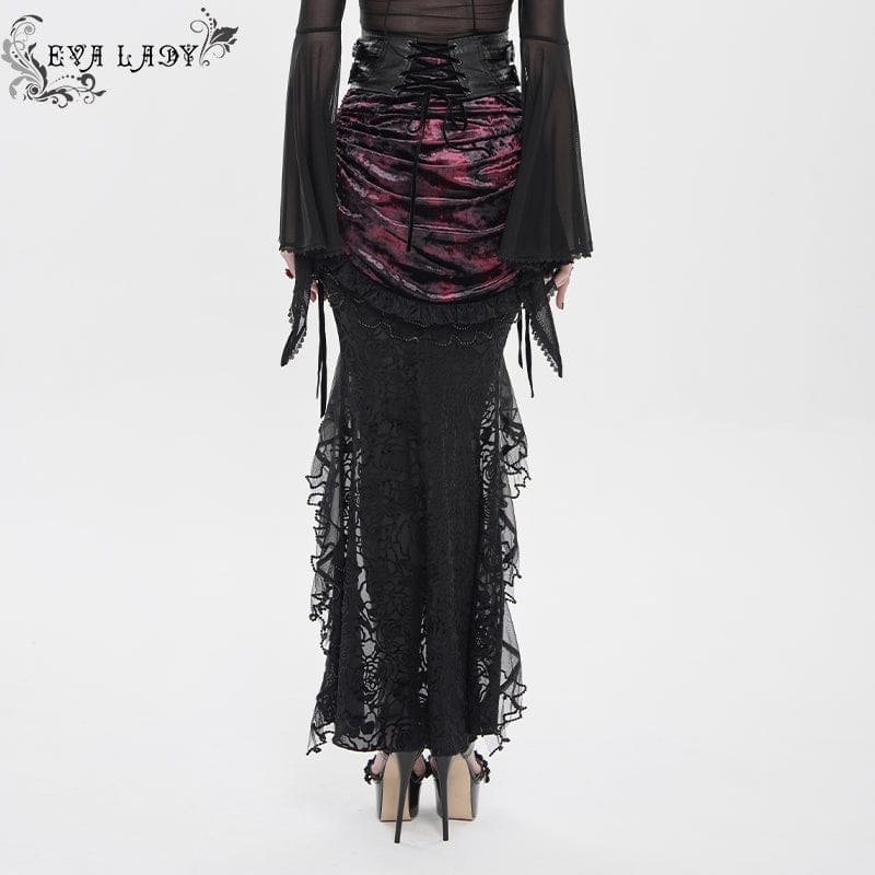 EVA LADY Women's Gothic Rose Lace-up Irregular Hem Skirt Black-Red