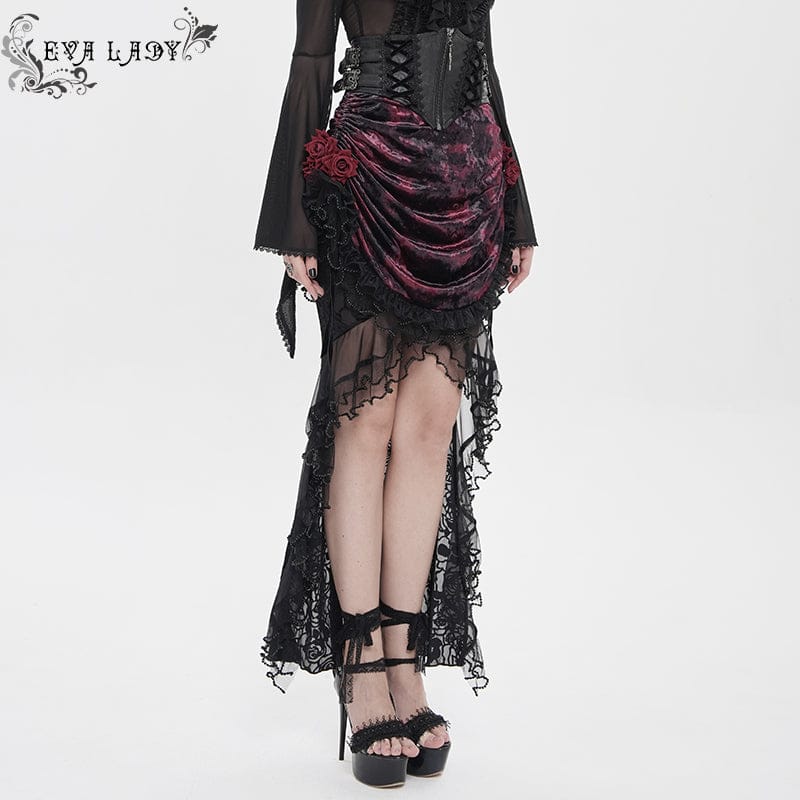 EVA LADY Women's Gothic Rose Lace-up Irregular Hem Skirt Black-Red