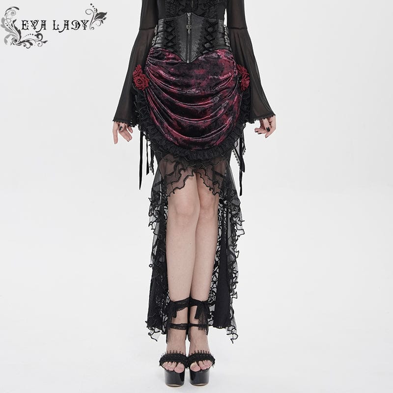 EVA LADY Women's Gothic Rose Lace-up Irregular Hem Skirt Black-Red