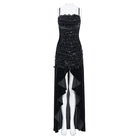 EVA LADY Women's Gothic Rose Lace-up Ruched High-Low Velvet Slip Dress