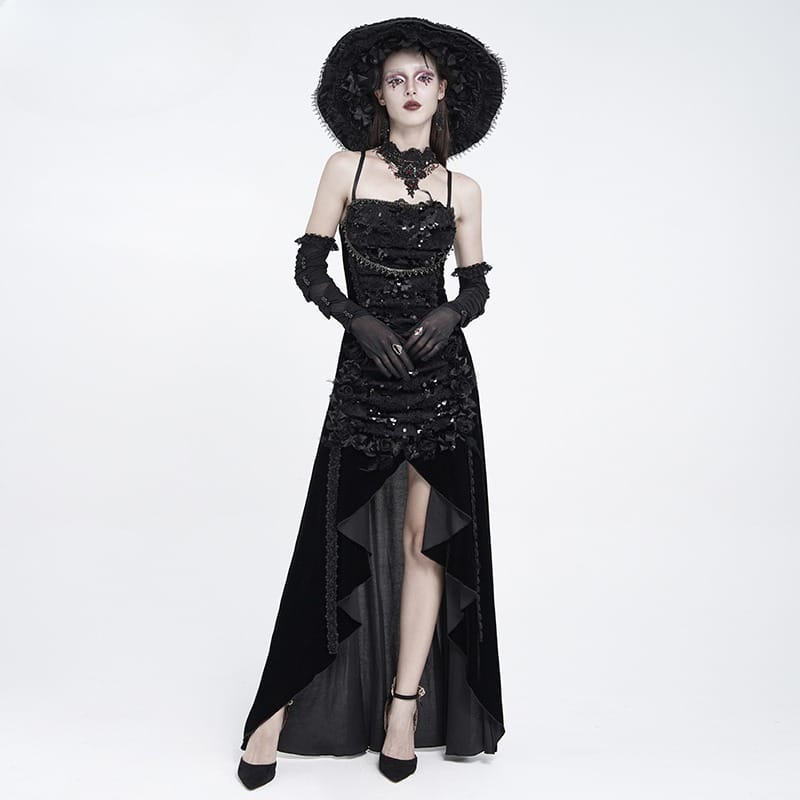 EVA LADY Women's Gothic Rose Lace-up Ruched High-Low Velvet Slip Dress