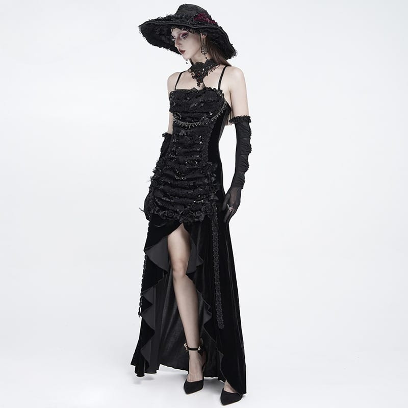 EVA LADY Women's Gothic Rose Lace-up Ruched High-Low Velvet Slip Dress
