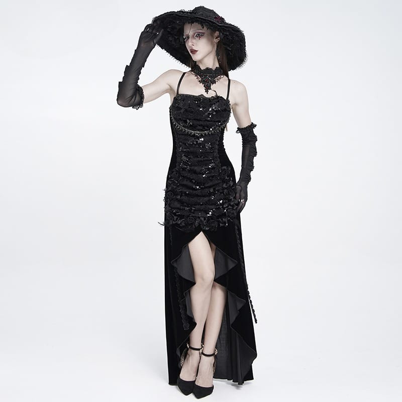 EVA LADY Women's Gothic Rose Lace-up Ruched High-Low Velvet Slip Dress