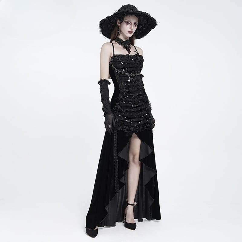 EVA LADY Women's Gothic Rose Lace-up Ruched High-Low Velvet Slip Dress
