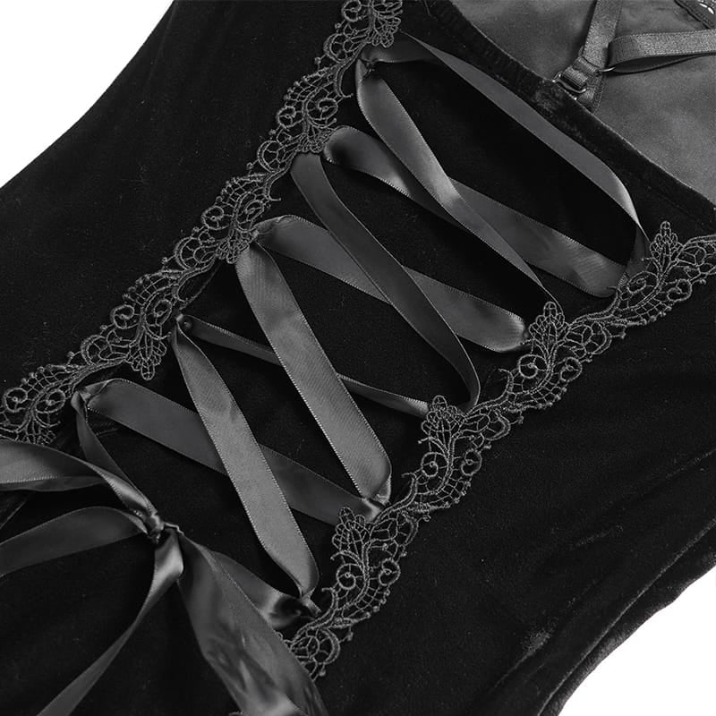 EVA LADY Women's Gothic Rose Lace-up Ruched High-Low Velvet Slip Dress