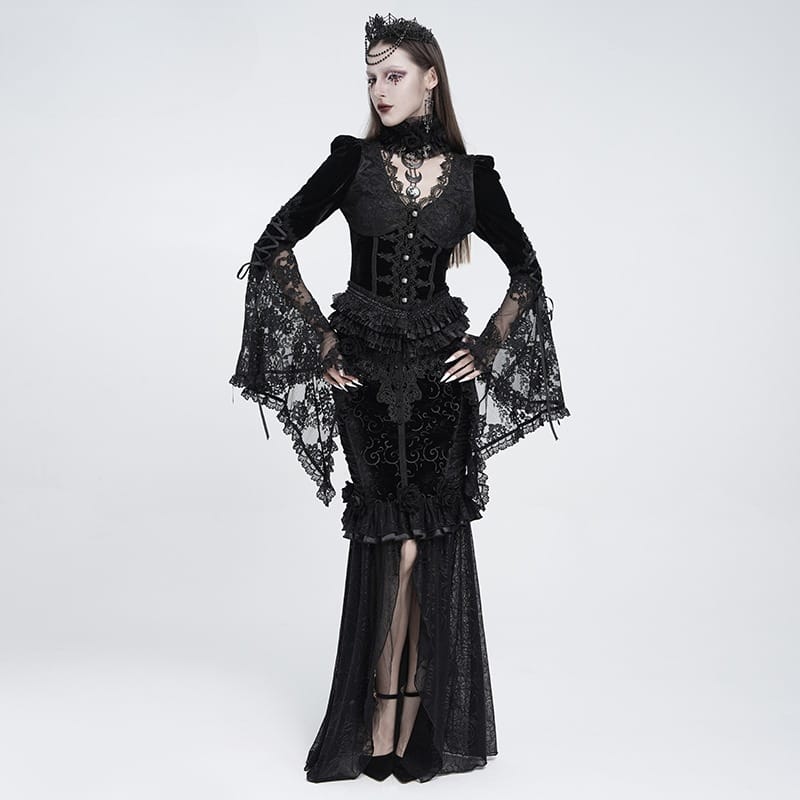 EVA LADY Women's Gothic Rose Ruffle Ruched Mermaid Long Skirt Black