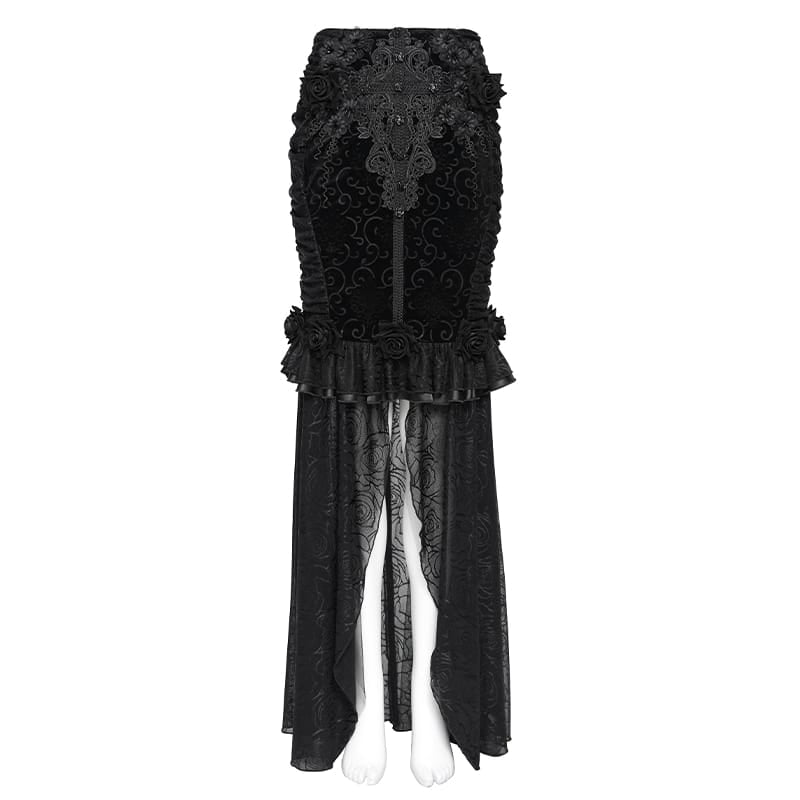 EVA LADY Women's Gothic Rose Ruffle Ruched Mermaid Long Skirt Black