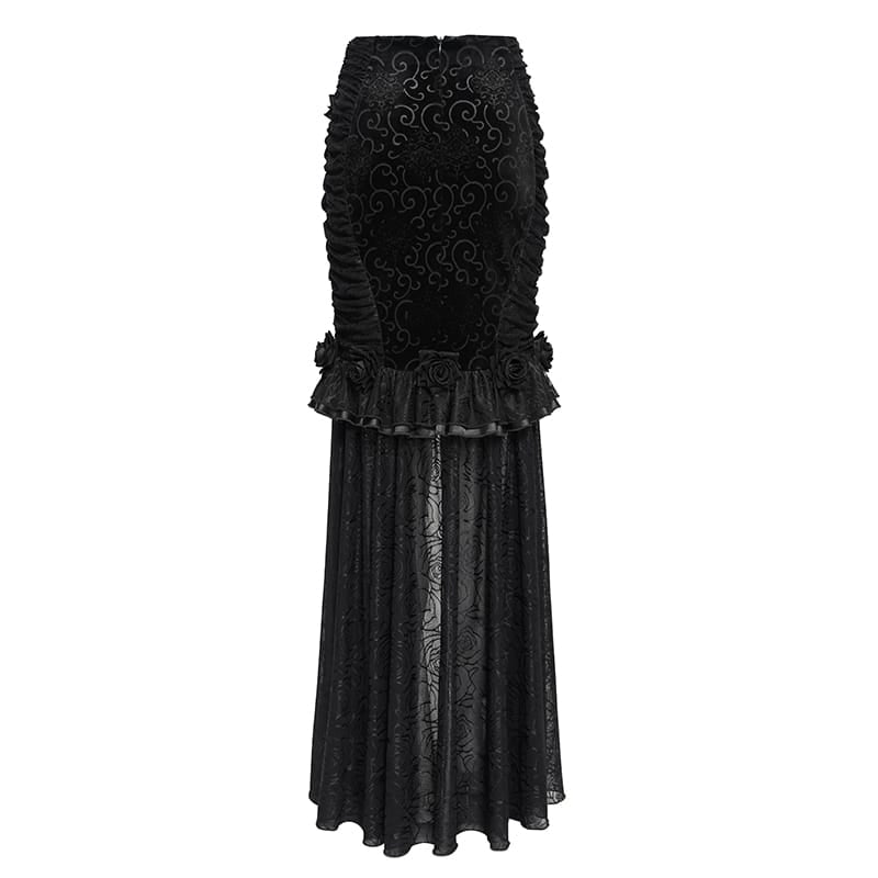 EVA LADY Women's Gothic Rose Ruffle Ruched Mermaid Long Skirt Black