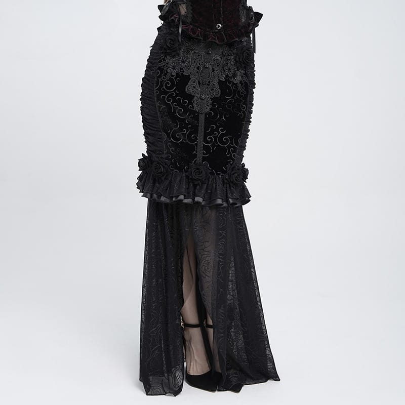 EVA LADY Women's Gothic Rose Ruffle Ruched Mermaid Long Skirt Black