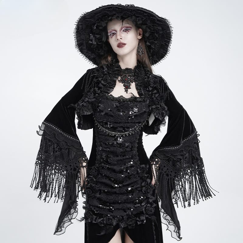 EVA LADY Women's Gothic Rose Ruffle Tassel Flare Sleeve Velvet Cape