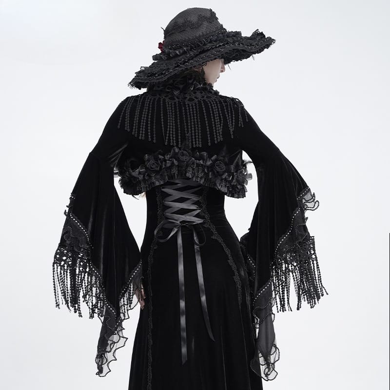 EVA LADY Women's Gothic Rose Ruffle Tassel Flare Sleeve Velvet Cape