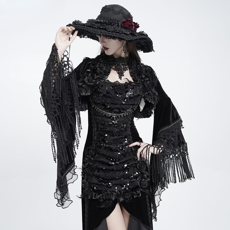 EVA LADY Women's Gothic Rose Ruffle Tassel Flare Sleeve Velvet Cape