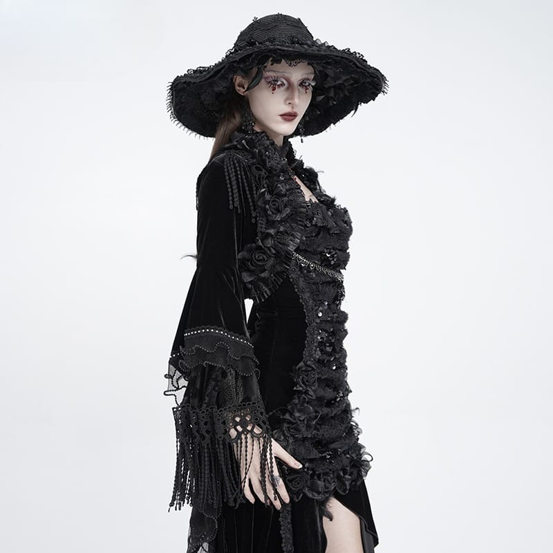 EVA LADY Women's Gothic Rose Ruffle Tassel Flare Sleeve Velvet Cape