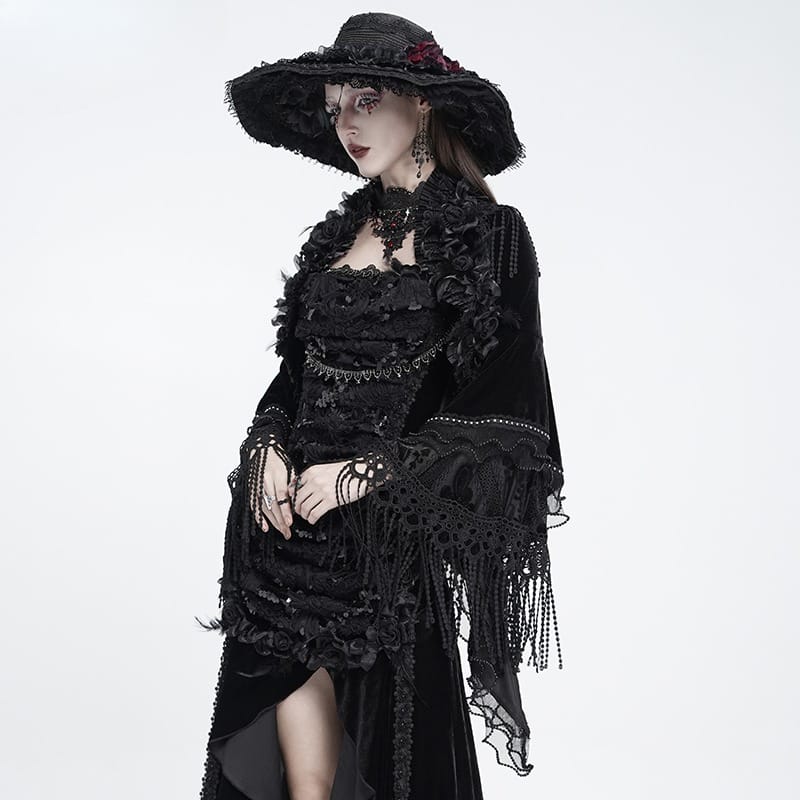 EVA LADY Women's Gothic Rose Ruffle Tassel Flare Sleeve Velvet Cape
