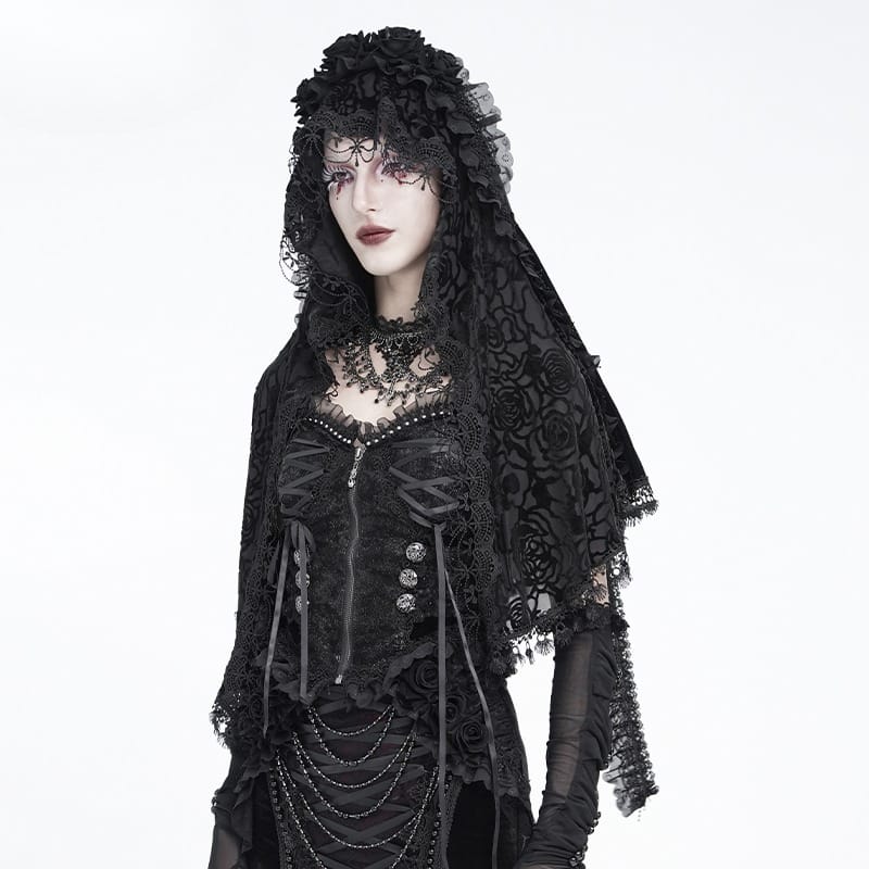 EVA LADY Women's Gothic Rose Ruffled Lace Trim Tassel Hooded Cape