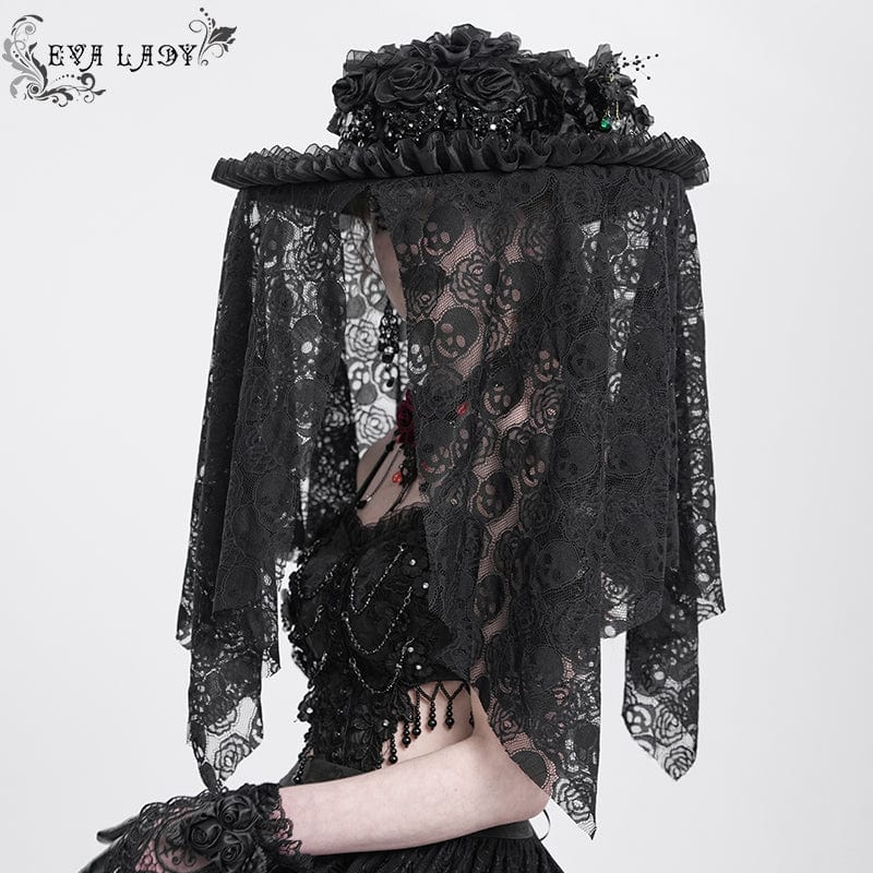 Cappello da donna EVA LADY in maglia con teschio e rose arricciate in stile gotico