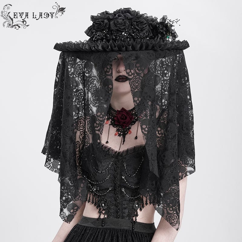 Cappello da donna EVA LADY in maglia con teschio e rose arricciate in stile gotico