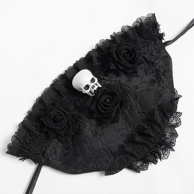 EVA LADY Women's Gothic Rose Skull Lace Ruffle Drawstring Pouch Handbag Black