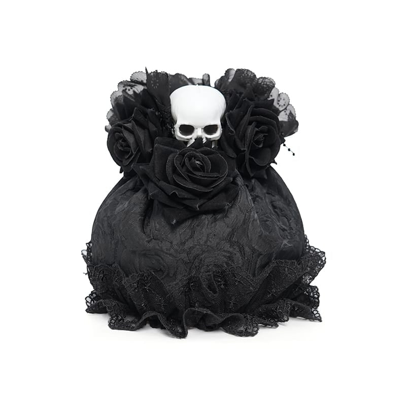 EVA LADY Women's Gothic Rose Skull Lace Ruffle Drawstring Pouch Handbag Black