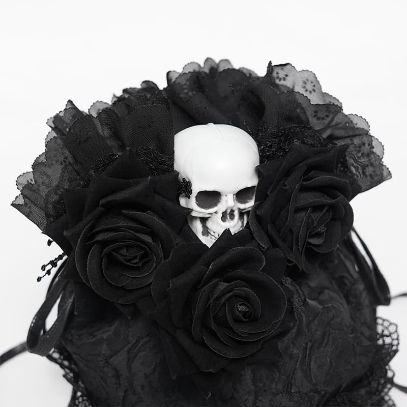 EVA LADY Women's Gothic Rose Skull Lace Ruffle Drawstring Pouch Handbag Black