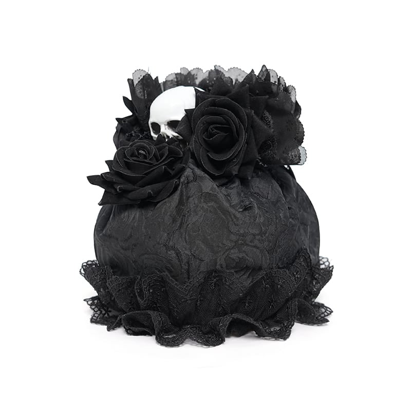 EVA LADY Women's Gothic Rose Skull Lace Ruffle Drawstring Pouch Handbag Black