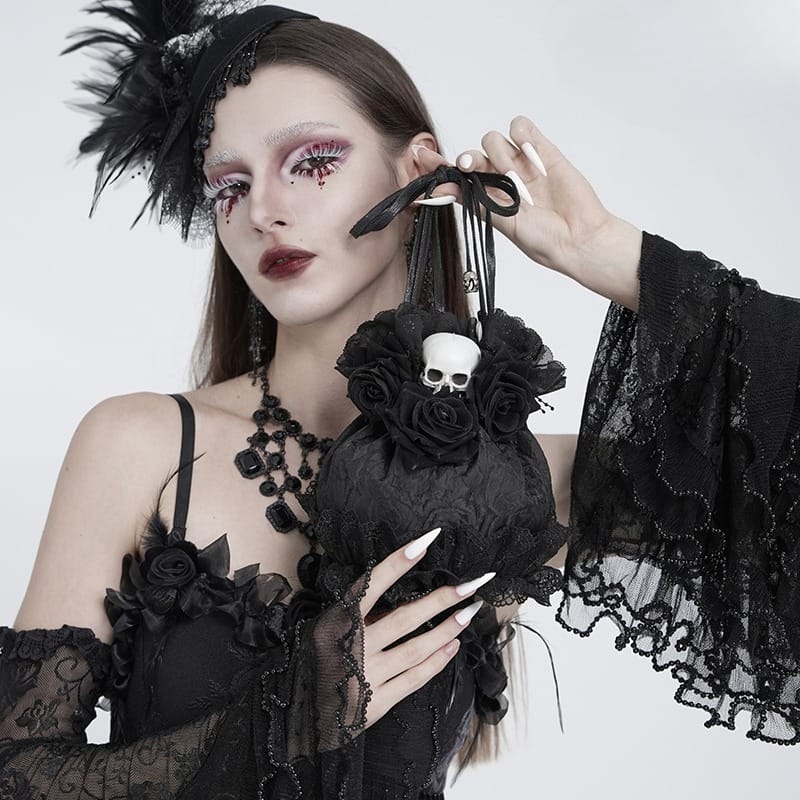 EVA LADY Women's Gothic Rose Skull Lace Ruffle Drawstring Pouch Handbag Black