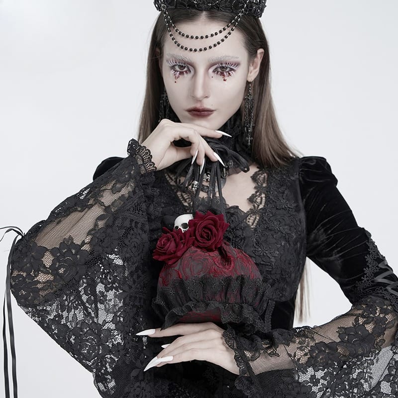 EVA LADY Women's Gothic Rose Skull Lace Ruffle Drawstring Pouch Handbag Red
