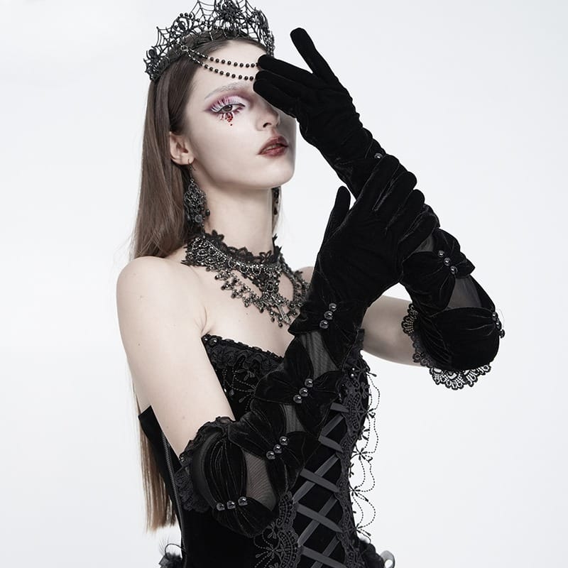 EVA LADY Women's Gothic Ruched Mesh Splice Velvet Long Gloves