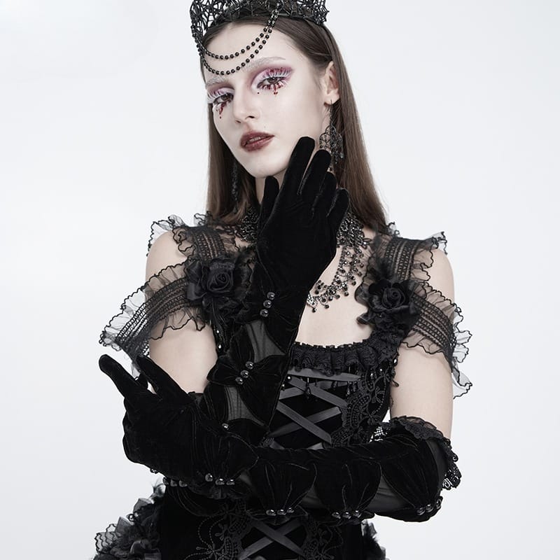 EVA LADY Women's Gothic Ruched Mesh Splice Velvet Long Gloves