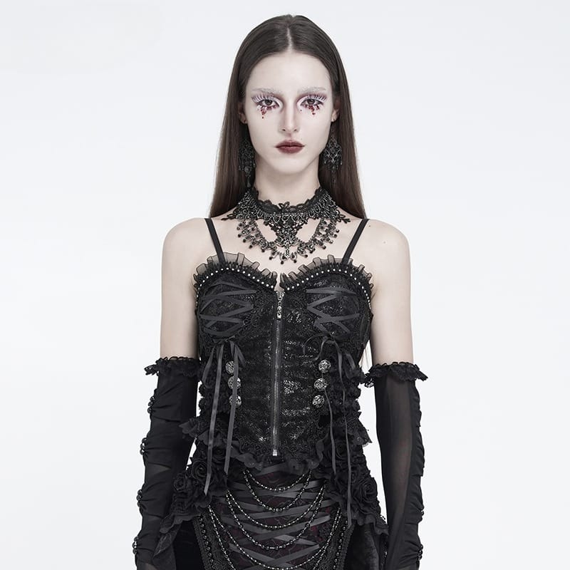 EVA LADY Women's Gothic Ruffle Lace‑up Front Zipper Overbust Corset