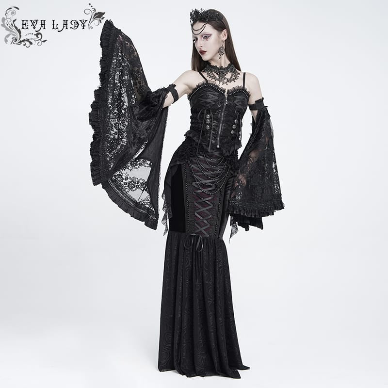 EVA LADY Women's Gothic Ruffle Lace‑up Front Zipper Overbust Corset