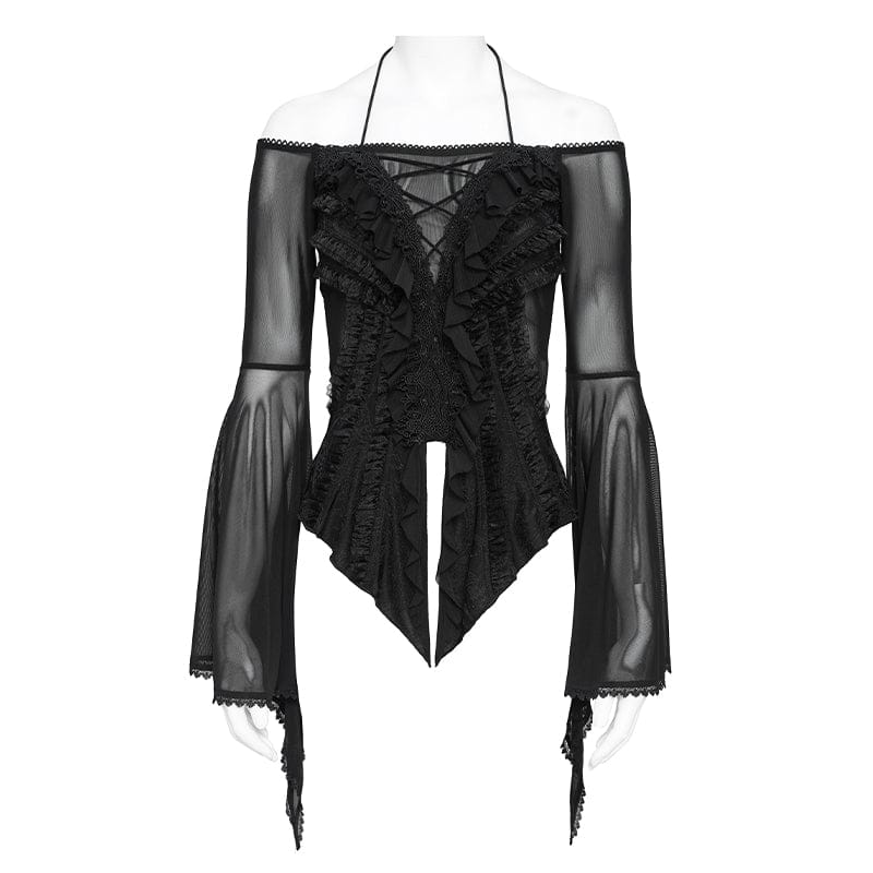 EVA LADY Women's Gothic Ruffled Off Shoulder Flared Sleeved Shirt Black