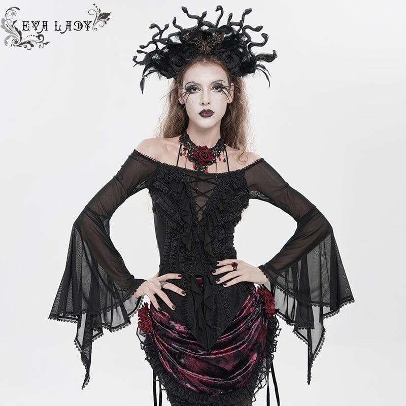 EVA LADY Women's Gothic Ruffled Off Shoulder Flared Sleeved Shirt Black