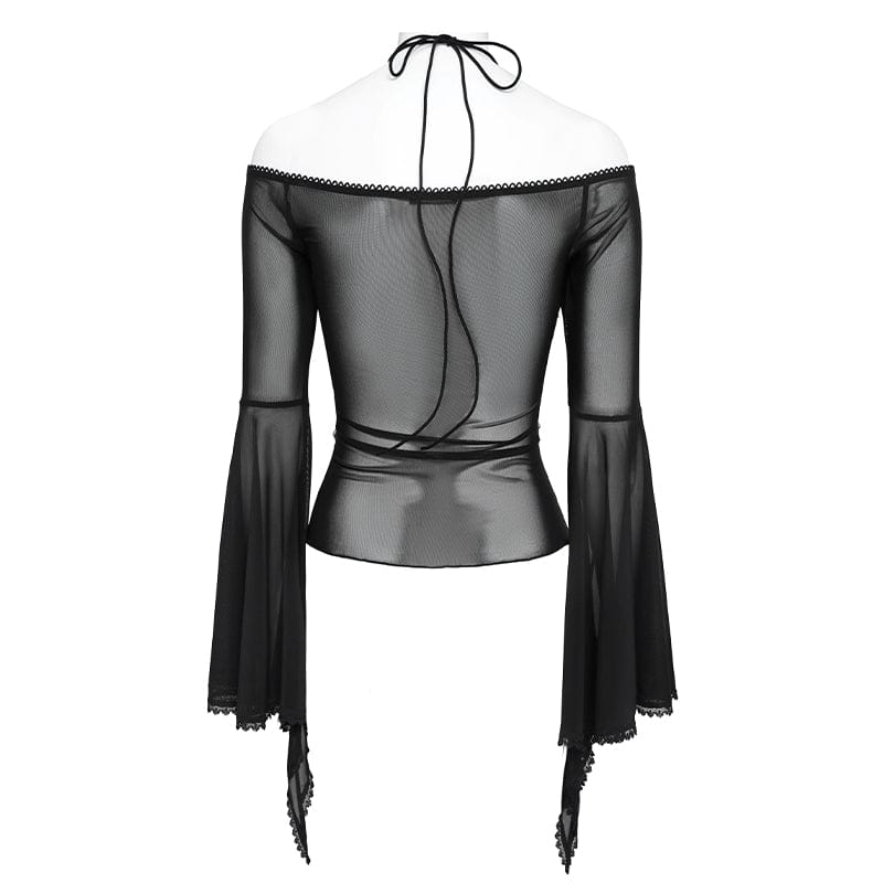 EVA LADY Women's Gothic Ruffled Off Shoulder Flared Sleeved Shirt Black