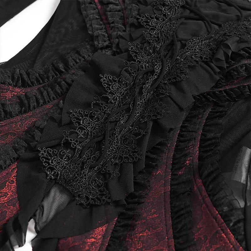 EVA LADY Women's Gothic Ruffled Off Shoulder Flared Sleeved Shirt Black-Red