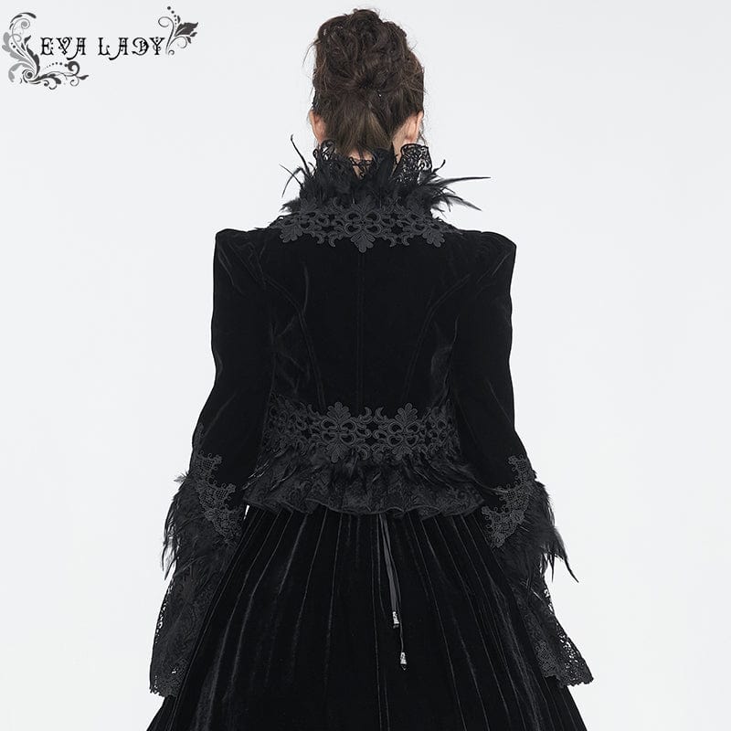 EVA LADY Women's Gothic Stand Collar Floral Embroidered Feather Jacket