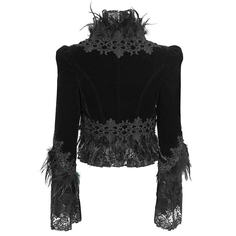 EVA LADY Women's Gothic Stand Collar Floral Embroidered Feather Jacket