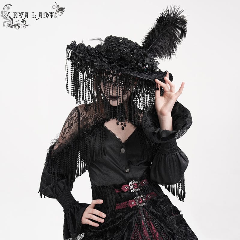 EVA LADY Women's Gothic Tassels Feather Lace Hat