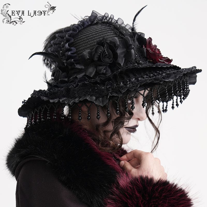 EVA LADY Women's Gothic Tassels Feather Rose Hat