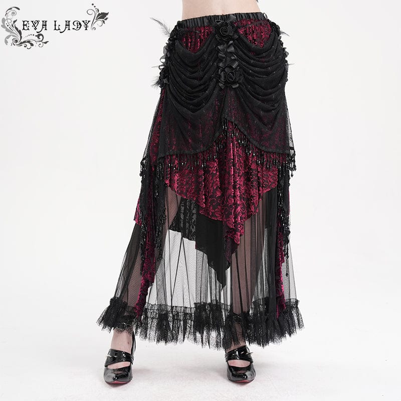 EVA LADY Women's Gothic Tassels Mesh Long Skirt Black Purple