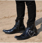 Kobine Men's Buckle Strap Chain Faux Leather Side Zipper Shoes Pointed Toe Boots