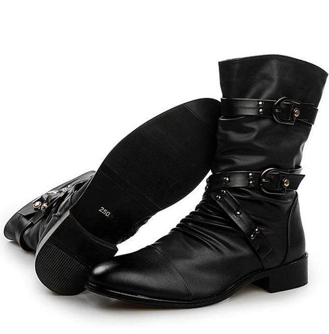 Kobine Men's Buckle Straps Ruched Faux Leather Biker Ankle Boots Pointed Toe Boots