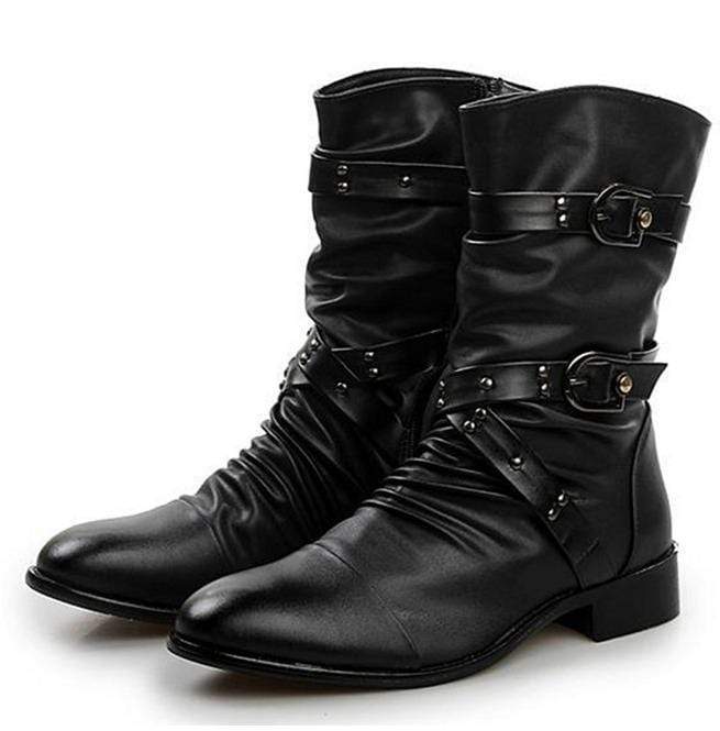 Kobine Men's Buckle Straps Ruched Faux Leather Biker Ankle Boots Pointed Toe Boots